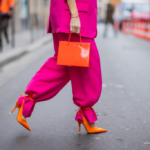 Outfit s fuchsiovým kostýmem a zářivě oranžovými doplňky