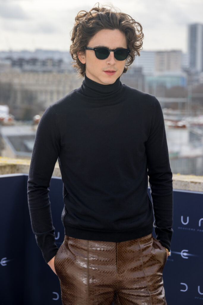 Timothee Chalamet v černém roláku a kožených kalhotách